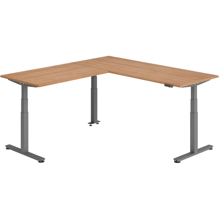 bümö Eckschreibtisch elektrisch höhenverstellbar L-Form: 200 x 220 cm in Nussbaum, Gestell graphit - Stehschreibtisch mit Memory-Steuerung, elektrischer XXL Schreibtisch für die Ecke, XDSMW-2014-N-G – Bild 1