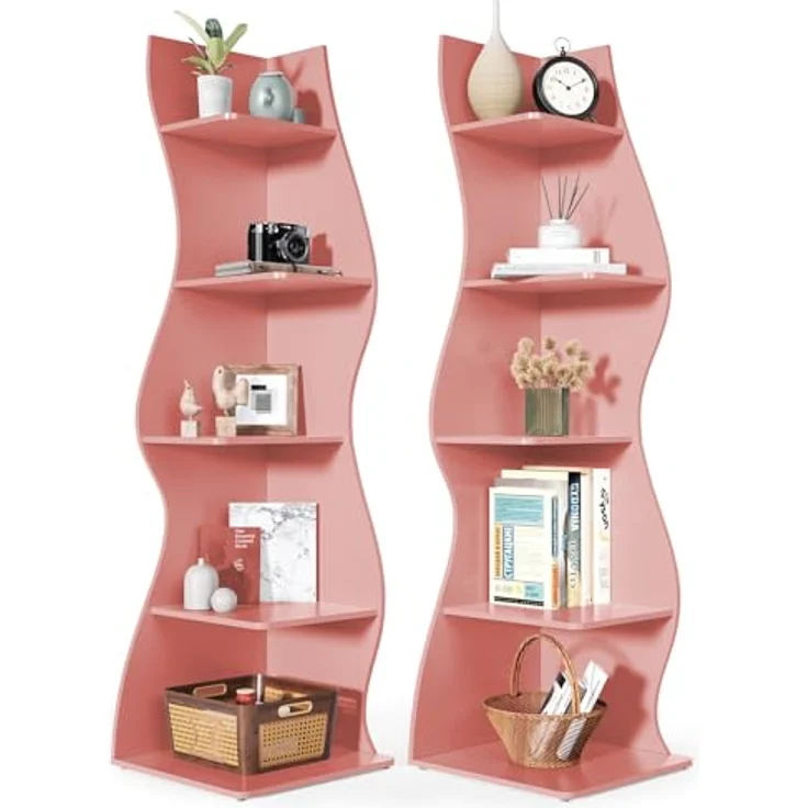LITTLE TREE Bücherregal Ecke, Modernes Regal Schmal mit 6 Ebenen, 50 x 48 x 179 cm Bücherregal Holz, Standregal mit Wellen-Design für Kleine Räume, Wohnzimmer & Schlafzimmer, Rosa, 2er Pack – Bild 2