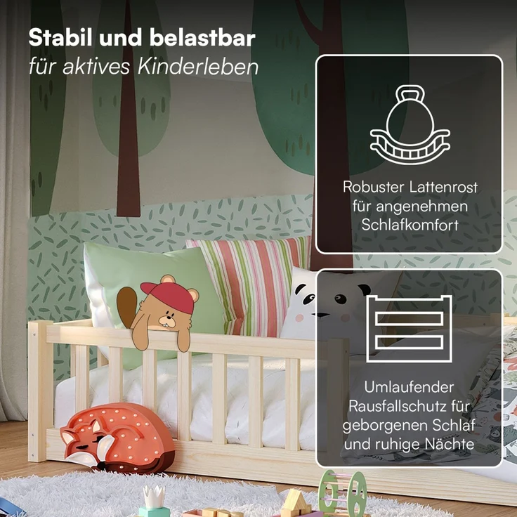 Bellabino 'Vere' Bodenbett 90x200 cm mit Matratze, natur, Massivholz Kiefer, Montessori Kinderbett mit Rausfallschutz und Lattenrost – Bild 4