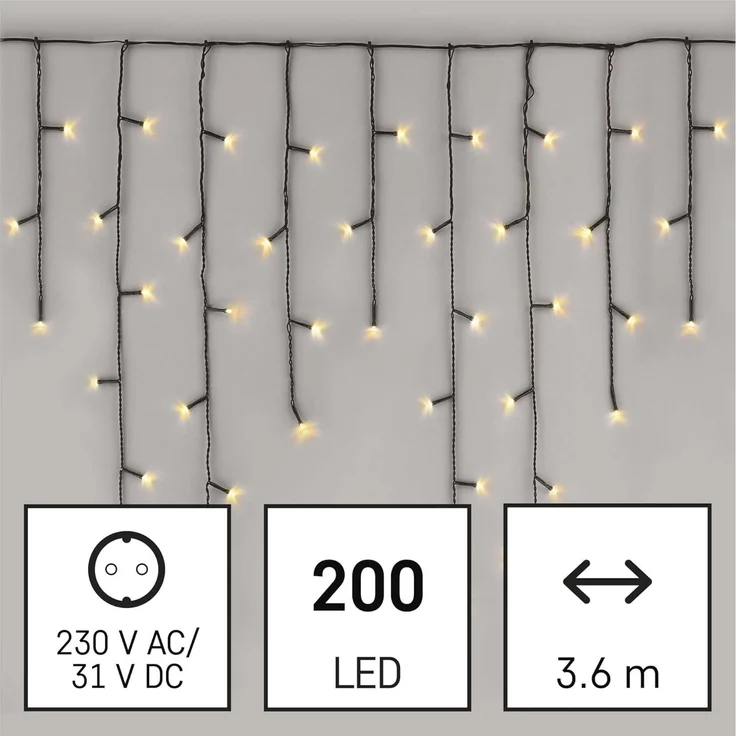EMOS LED-Eisregen Lichterkette, 3,6m Weihnachtslichterkette + 5m Zuleitung, 200 LEDs, 8 Lichtmodi, Netzteil, IP44 für Innen und Außen, Warmweiß – Bild 3