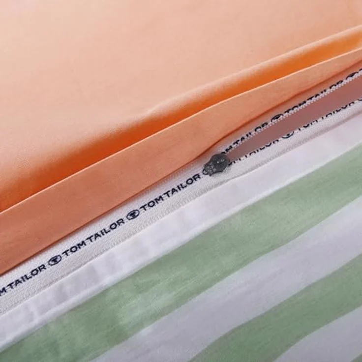 TOM TAILOR Perkal-Kissenhülle, 40x40 cm, 100% Baumwolle, Wendemotiv mit farbiger Paspel, STRIPES WITH A KICK, Hellgrün & Pfirsich (Green Leaf & Juicy Peach) – Bild 5