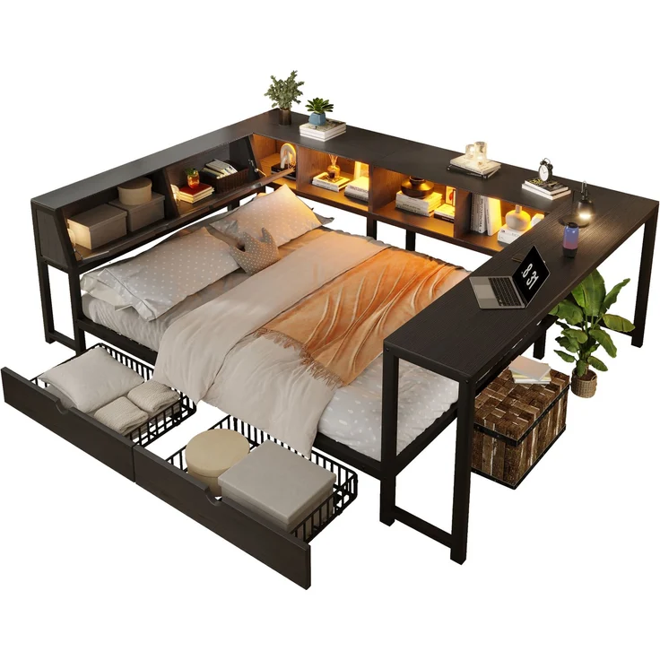 U-life Metallbett 140x200 cm, für Jugendliche, LED-Beleuchtung, Schreibtisch & Schubladen, Multifunktionales bett, MDF, Schwarz – Bild 5
