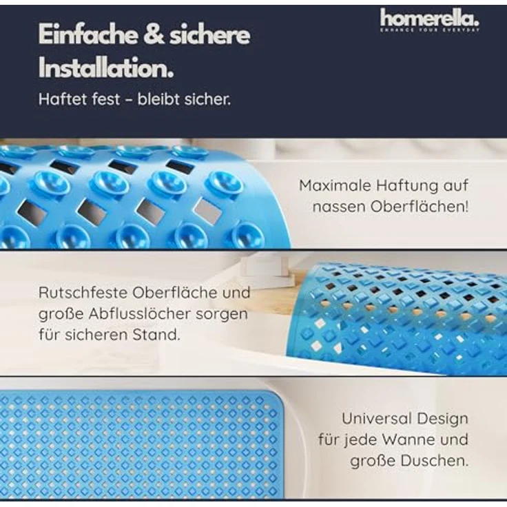 Homerella Badematte rutschfest Hautsensitiv 88x39cm, INKL. AUFHÄNGUNG, Antirutschmatte Badewanne BPA frei, Duschmatte schimmelresistent & maschinenwaschbar – Bild 5
