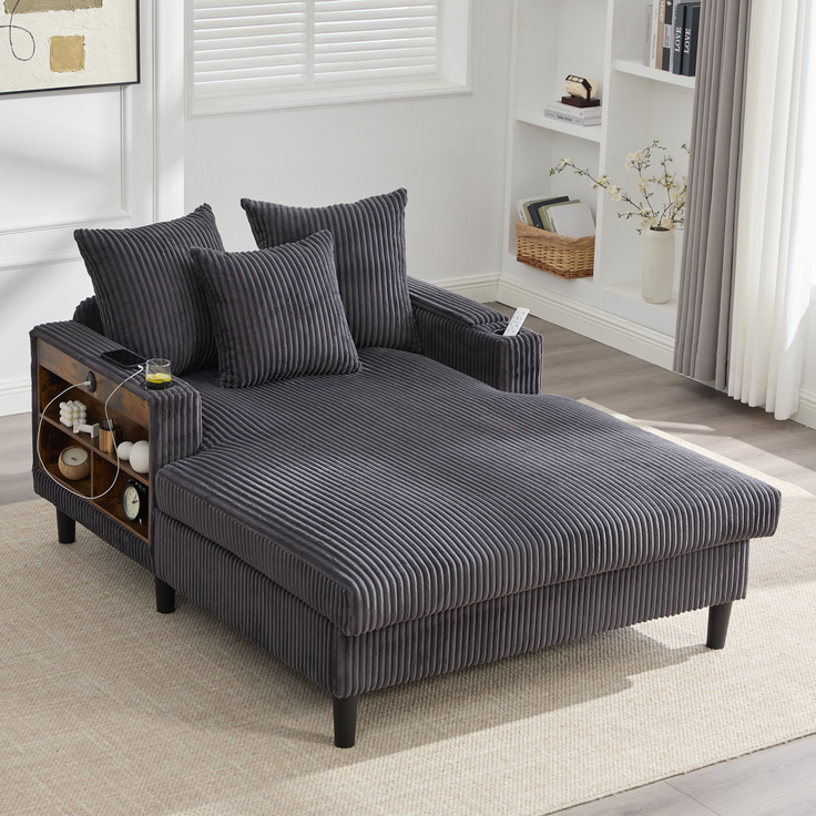LVHOM Schlafsofa mit LED & USB, Chaiselongue mit Becherhalter & Stauraum, großes Einzelsofa bis 300kg belastbar, inkl. 3 Kissen, 129x170cm, Grau – Bild 2