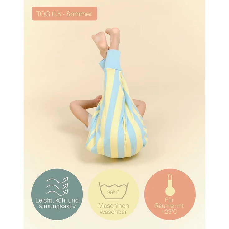 molis&co - Baby Schlafsack mit Füßen 0.5 TOG - Sommerschlafsack für Jungen - Kinder Babyschlafsack mit Beinen - 100% Baumwolle (Oeko-TEX 100), Premium Qualität - Blue Sunshine (120 cm) – Bild 4