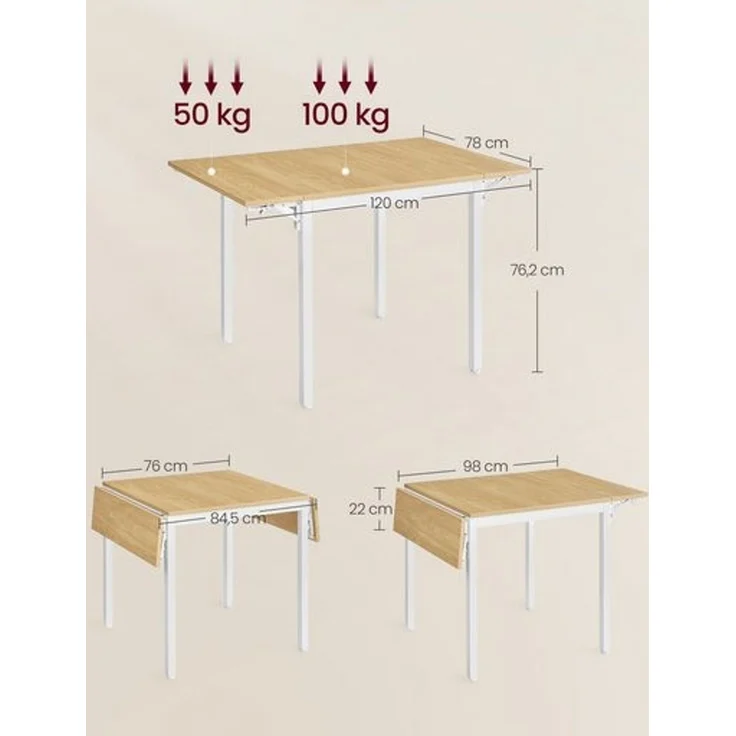 Vasagle Esstisch für 2-4 Personen, klappbar, Holzspannplatte/Stahl Natureichenfarben, 76,2 x 78 x 120 cm, KDT077Y01 – Bild 3