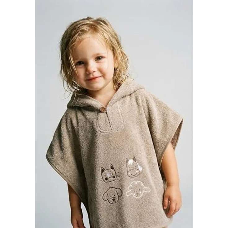 Sterntaler Poncho Bauernhof - Kinder Badeponcho aus saugfähiger Baumwolle - Badetuch zum einfachen drüberziehen - Baby Badeponcho mit Holzknopf und niedlicher Stickerei, sandfarben – Bild 2