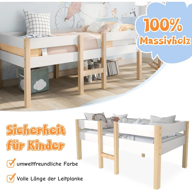 Bett Kinderbett mit Rausfallschutz, Kiefer-Vollholz-90x200 cm-Weiß & Eiche – Bild 5