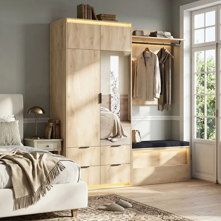 Kleiderschrank, Garderoben-Set Garderobe, mit LED-Beleuchtung und Spiegel, 180 x 47 x 200 cm, Eingangsgarderobe, mit 2 Kleiderstangen, 4 Schubladen and 3 LED-Beleuchtung, Anthrazit-eiche--Holz--180x47x200cm--YOUDENOVA – Bild 2