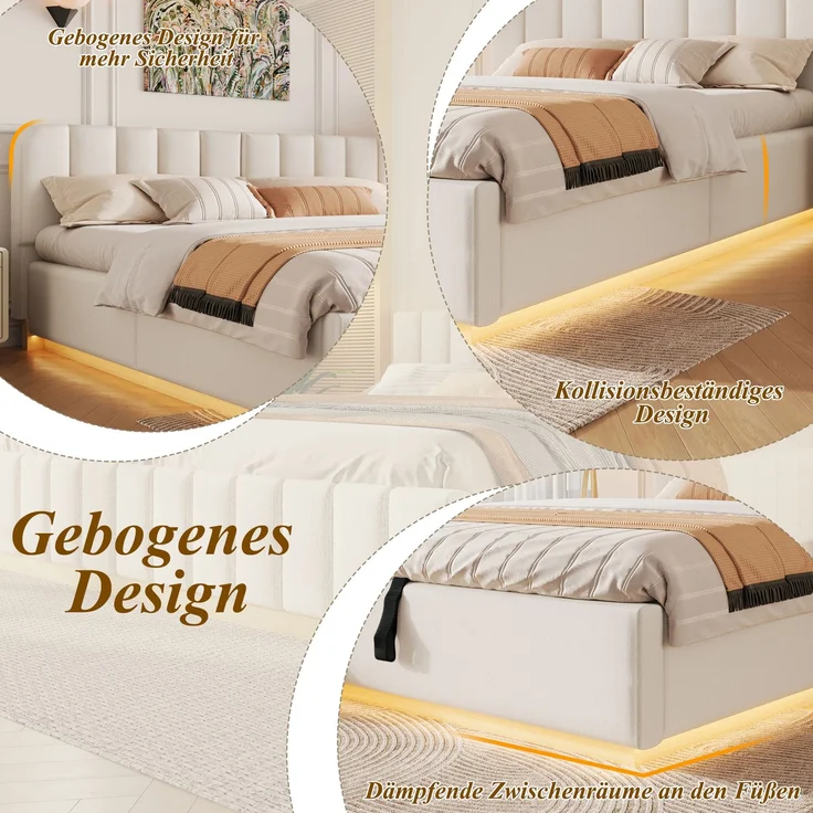 Polsterbett, Doppelbett, 180 x 200 cm, Bett mit Lattenrost, Kopfteil, Gepolstertes Kopfteil, Hydraulische Lagerung, Mit LED-Lichtleiste, Ohne Matratze, Beige Chenille – Bild 8