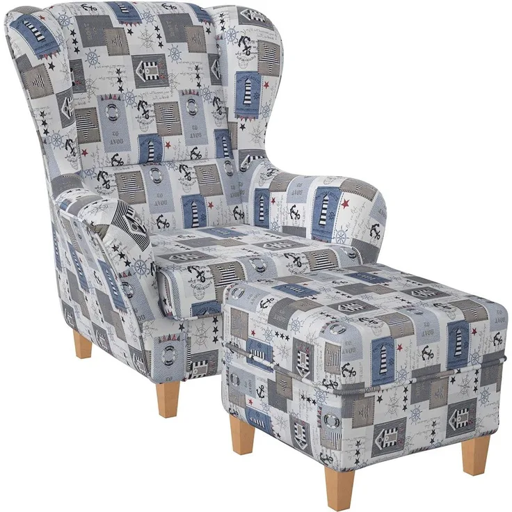 Supellex Sofia Ohrensessel mit Hocker Design Patchwork maritime Motive
