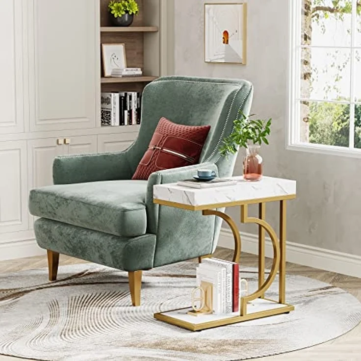 LITTLE TREE Schmaler Beistelltisch, C-förmig, moderner Nachttisch, Kleiner rechteckiger Beistelltisch für Sofa und Couch mit Metallgestell für das Wohnzimmer, Kunstmarmor Weißgold – Bild 4
