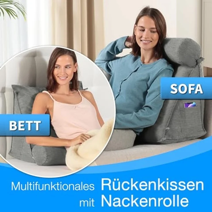 aktivshop Rückenkissen mit Nackenrolle für Bett & Sofa, 55x50x30cm, waschbarer Bezug – Bild 2