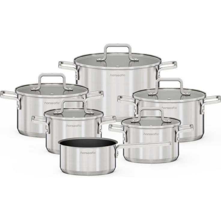 Hanseatic Topf-Set DAILY, mit Antihaftbeschichtung, Edelstahl 18/10 (Set, 11-tlg, Stielkasserolle 16 cm, Kochtopf 2x16/2x20/1x24 cm), für alle Herdarten, Induktion