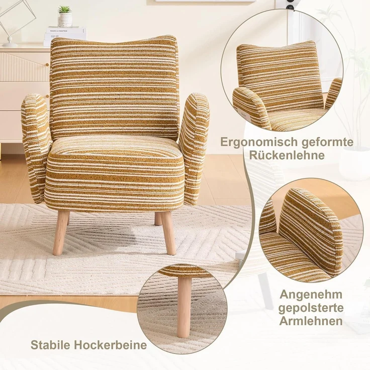 Ohrensessel Relaxsessel Lesesessel Massivholzbeine Gelb 77x81cm Gelb – Bild 5