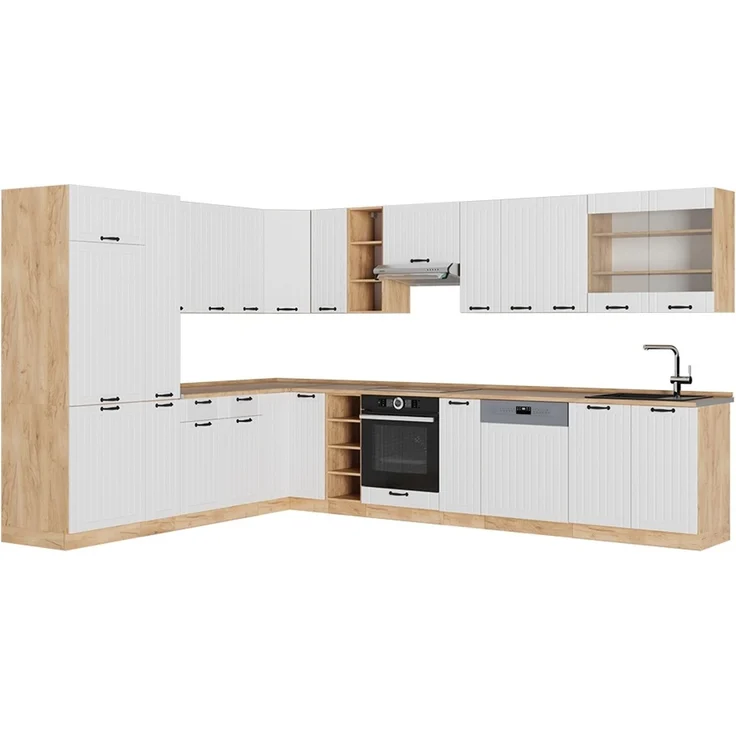Eckküche Fame-Line Weiß Landhaus/Goldkraft Eiche 347 x 257 cm ohne Arbeitsplatte Vicco – Bild 1