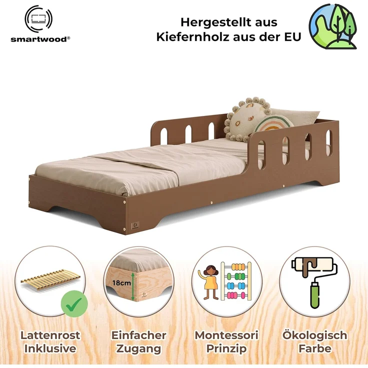 smartwood Kinderbett 120x200 cm in Braun - Montessori Bodenbett mit Rausfallschutz & Lattenrost - Aus handbemaltem Sperrholz - Sicher für Jungen und Mädchen - Einfache Montage - TILA 6 – Bild 3