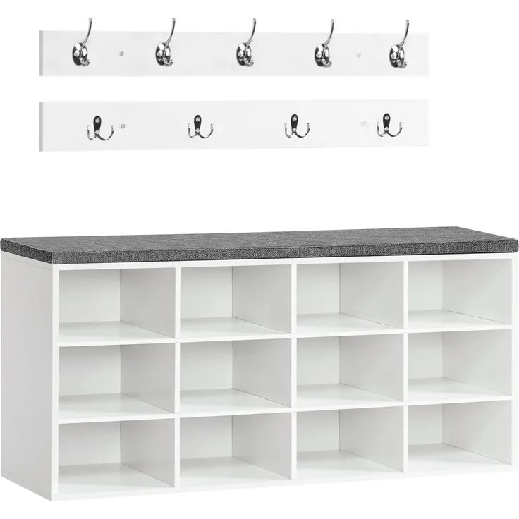 HOOBRO Garderobe Schuhregal Set, Schuhbank mit 12 Fächern, Schuhregal mit gepolsterter Sitzbank, Wandgarderobe mit 9 Haken, Schuhschrank für Flur, Eingangsbereich, Schlafzimmer weiß EWT112HX01