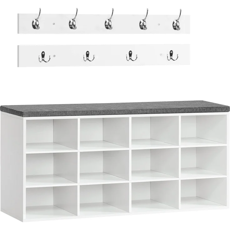 HOOBRO Garderobe Schuhregal Set, Schuhbank mit 12 Fächern, Schuhregal mit gepolsterter Sitzbank, Wandgarderobe mit 9 Haken, Schuhschrank für Flur, Eingangsbereich, Schlafzimmer weiß EWT112HX01