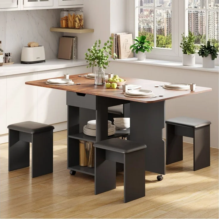 Mondeer Essgruppe Esstisch mit 4 Polsterhocker, Platzsparender Drop-Leaf-Tisch mit 2 Schubladen & Rollen – Bild 2