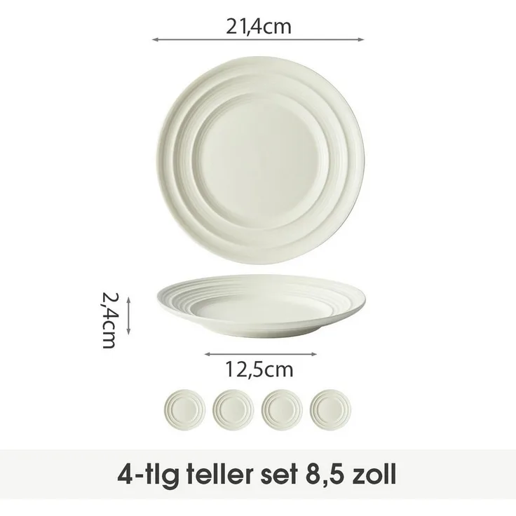 JIWOO Teller 4er Ø21,4cm, Salatteller Frühstücksteller Pastateller Dessertteller, (4 St), Keramik Hochwertiges Tellerset Weiß Mikrowellen spülmaschinenfest