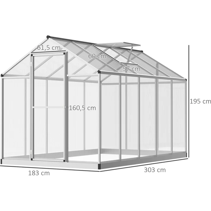 Wohnora-Gewächshaus aus Aluminium und Polycarbonat (3 x 2 m), 5,5 m², Fundament, Oberlicht, Türriegel,H 1950cm x T 1780cm x B 1830cm,Transparent – Bild 4