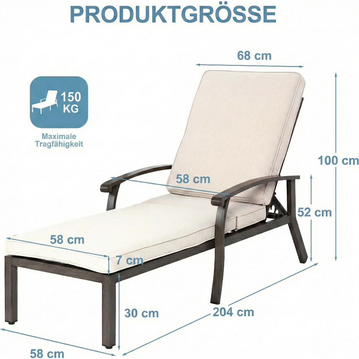 LVHOM Luxus Sonnenliegen 1 St, Verstellbare Aluminium-Liege mit Kissen, Gartenliege Rostfrei/wasserfest, 60 x 183 x 39 cm – Bild 8