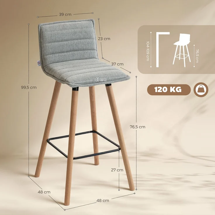 2er-Set Barhocker, Barstühle, gepolsterte Sitzfläche, Rückenlehne und Fußstütze, 48 x 48 x 99,5 cm, grau – Bild 5