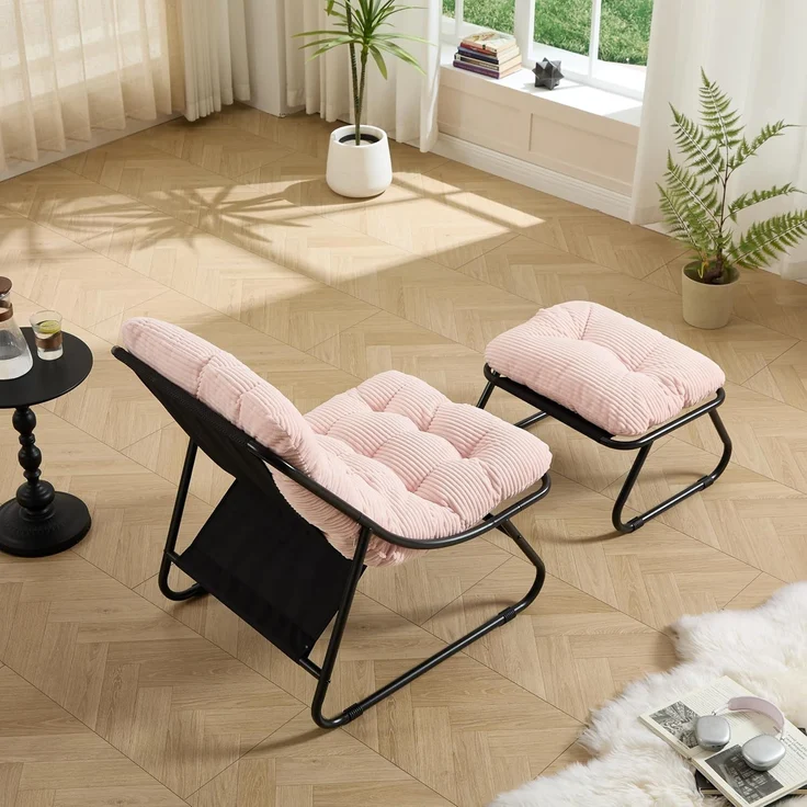 LVHOM Sessel mit Hocker, Gepolsterter Loungesessel aus Cord mit Metallgestell, ergonomischer Relaxsessel für Wohnzimmer und Schlafzimmer, Rosa – Bild 6