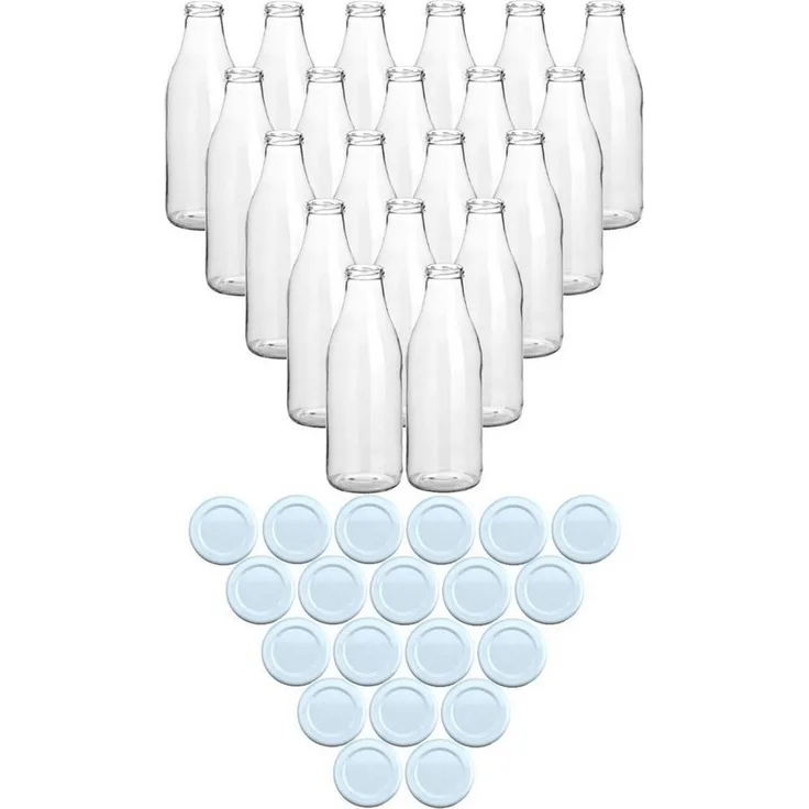 gouveo Trinkflasche Saftflaschen 1000 ml mit Schraub-Deckel - Große Flasche 1,0 l aus Glas, 20er Set, weiß