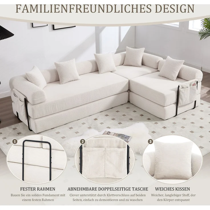 LVHOM Schlafsofa 5-Sitzer, Klappsofa mit Schlaffunktion, Bodensofa mit Seitentaschen, Ecksofa aus Cordstoff, frei Kombinierbar, Beige – Bild 4