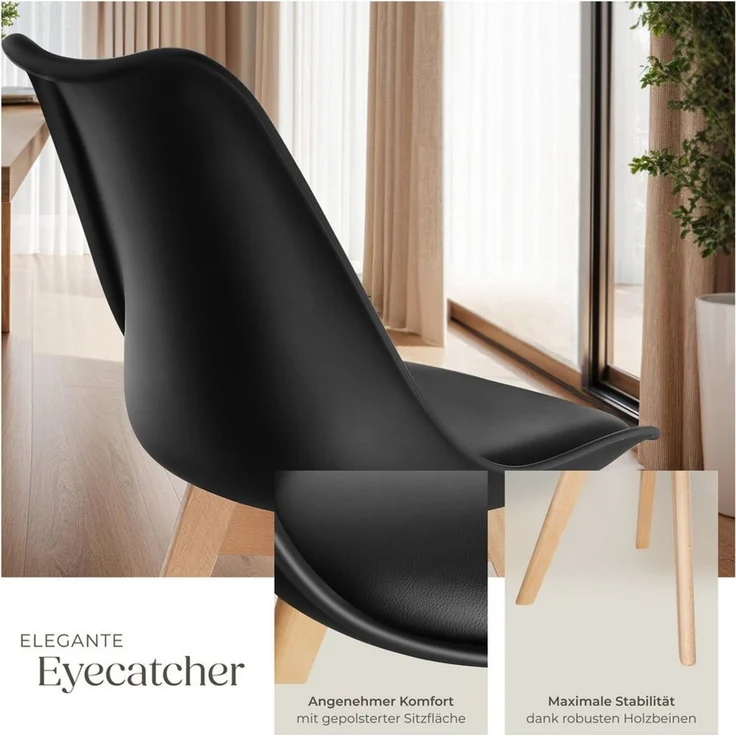 tectake Esszimmerstuhl Küchenstuhl Scandi-Design, gepolsterte Sitzfläche, 49 x 53 x 82 cm (Polsterstuhl Frederikke in schwarz, 2 St), ergonomische Form, massive Holzbeine, bodenschonende Filzgleiter – Bild 4