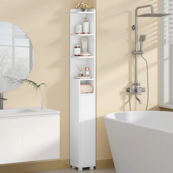 Badezimmerschrank Schmal, Toilettenschrank, Badschrank mit Verstellbare Einlegeböden, Badmöbel für Kleine Bäder, 20 x 20 x 177 cm, Weiß