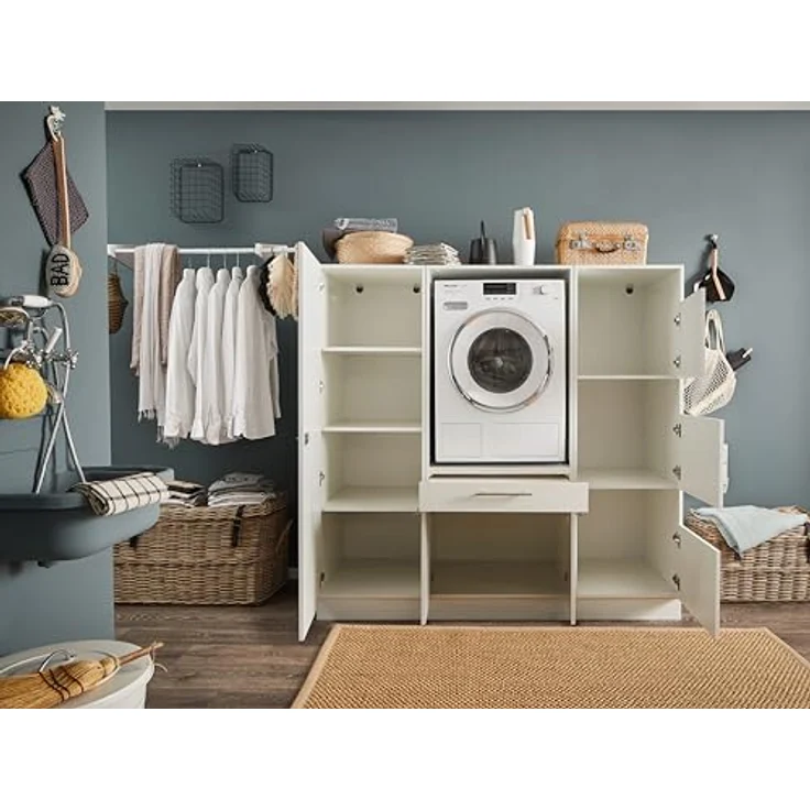LAUNDREEZY Waschmaschinenschrank, Wäscheschrank und Mehrzweckschrank, Weiß - Waschmaschinen-Überbauschrank TÜV-zertifiziert mit viel Stauraum - 167,5 x 162 x 67,5 cm (B/H/T) – Bild 5