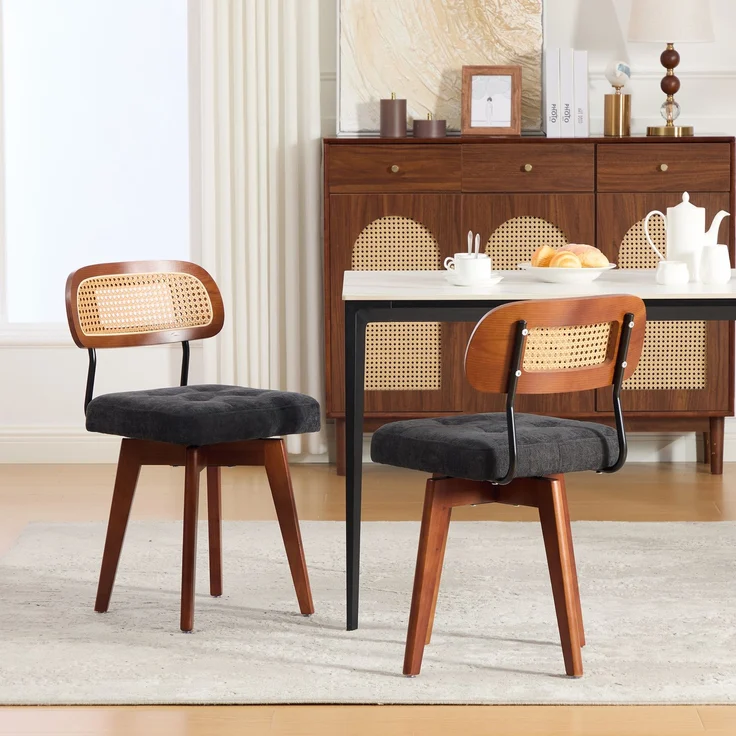 LVHOM 2er-Set Esszimmerstühle 360° Drehstuhl, Polsterstuhl in Rattan-Optik mit Chenille Kissen, stabiler Küchenstuhl mit Metallbeinen, Schwarz – Bild 9