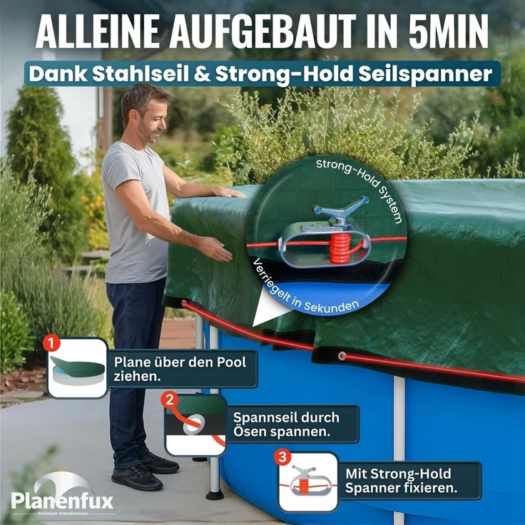 Planenfux® Pool-Abdeckplane Beidseitig nutzbare 2-in-1 Poolplane für Rundpools, Ø 244 - 280 cm Poolabdeckung rund aus verstärktem 200g/m² PE Material – Bild 7