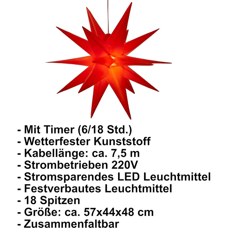 Bonetti 3D Leuchtstern inkl. warm-weißer LED Beleuchtung | für Innen und Außen geeignet | hängend | 7,5 m Zuleitung (rot, ca. 57 x 44 x 48 cm) – Bild 4