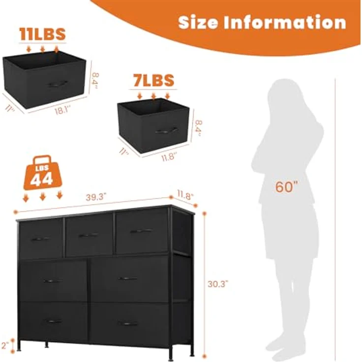 DUMOS Kommode für Schlafzimmer mit 7 Stoffschubladen hohe Kommode Organizer für Kleidung Schrank Kinderzimmer Aufbewahrungsturm mit Schrank Metallrahmen Holzplatte leichte Kinderzimmermöbel – Bild 4
