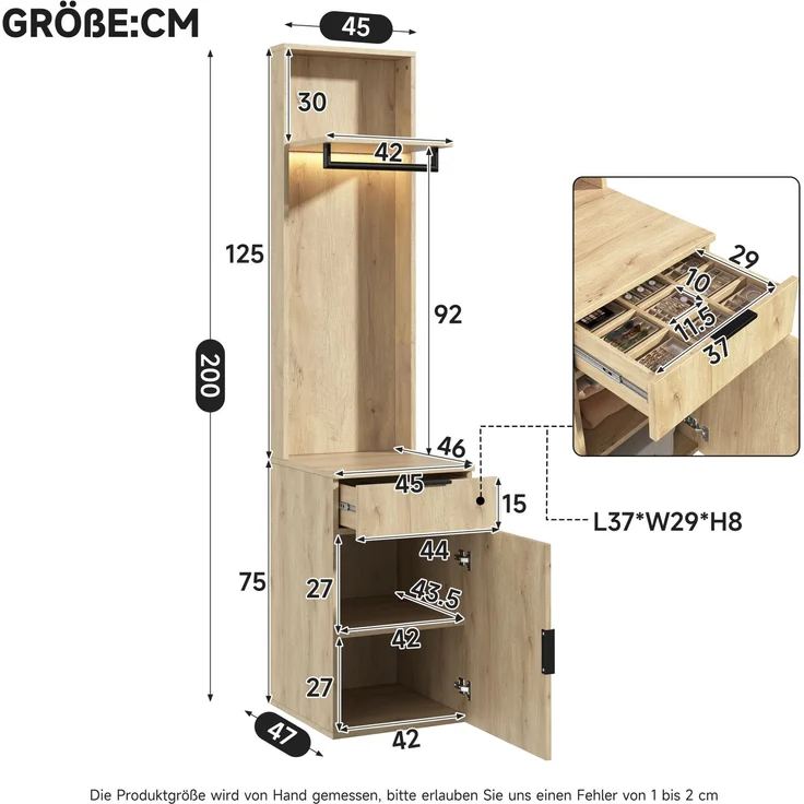 Garderobenschrank aus MDF mit LED-Kleiderstange & Schmuckschublade, 45x47x200 cm, Eiche – Bild 6
