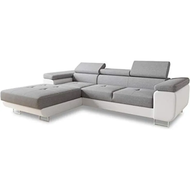 Ecksofa Divo mit Schlaffunktion, Bettkasten und einstellbare Kopfstützen (Weiß + Grau (Soft 017 + Sawana 21), Ecksofa Links)