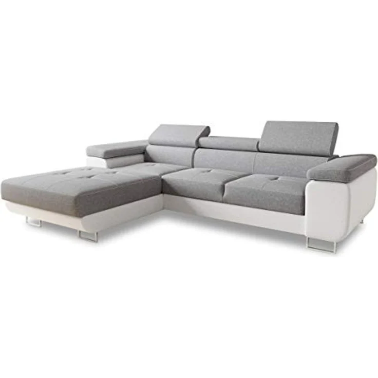 Ecksofa Divo mit Schlaffunktion, Bettkasten und einstellbare Kopfstützen (Weiß + Grau (Soft 017 + Sawana 21), Ecksofa Links) – Bild 1
