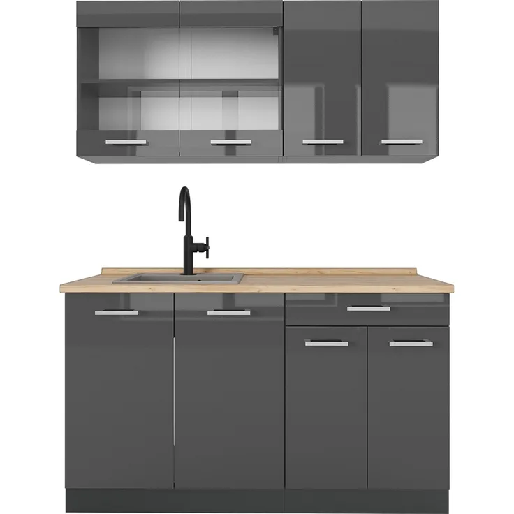 Küchenzeile R-Line Anthrazit Hochglanz/Anthrazit 140 cm , AP Eiche Vicco