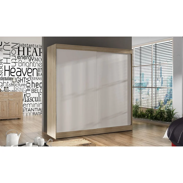 Kleiderschrank Basti X 200 cm - Schwebetürenschrank mit Kleiderstange und Einlegeboden, Schlafzimmerschrank mit 2 Türen, Schiebetürenschrank 200x215x58 cm (Sonoma/Weiß) – Bild 1