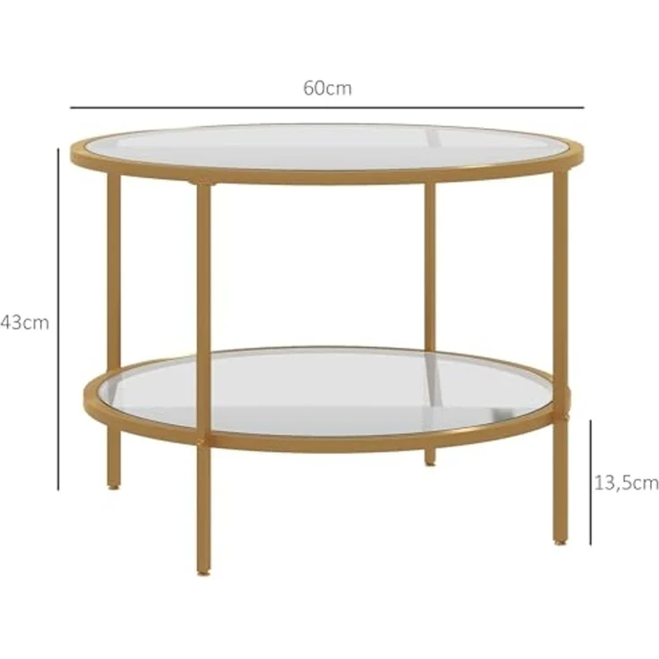 HOMCOM Beistelltisch mit Stauraum, aus gehärtetem Glas mit Stahlrahmen (Couchtisch, 1-St, Nachttisch), für Wohntimmer, Gold – Bild 3