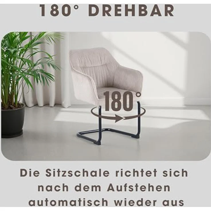 byLIVING ELBA Schwingstuhl 2er Set, drehbar 180° mit Rückholfunktion, Grob-Cord Taupe, Metallgestell schwarz, Armlehnen – Bild 4