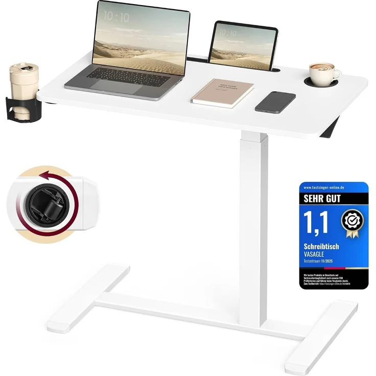 VASAGLE Beistelltisch mit Rollen, mobiler Stehtisch, 80 x 45 cm große Tischplatte, verstellbare Höhe, 2 Getränkehalter, Schlitz für Handy oder Tablet, wolkenweiß – Bild 1