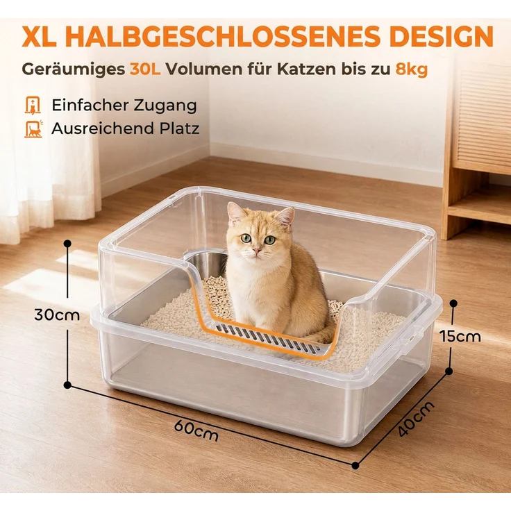 PawHut Katzentoilette, Edelstahl, Hellgrau, 60 x 40 x 30 cm – Bild 5