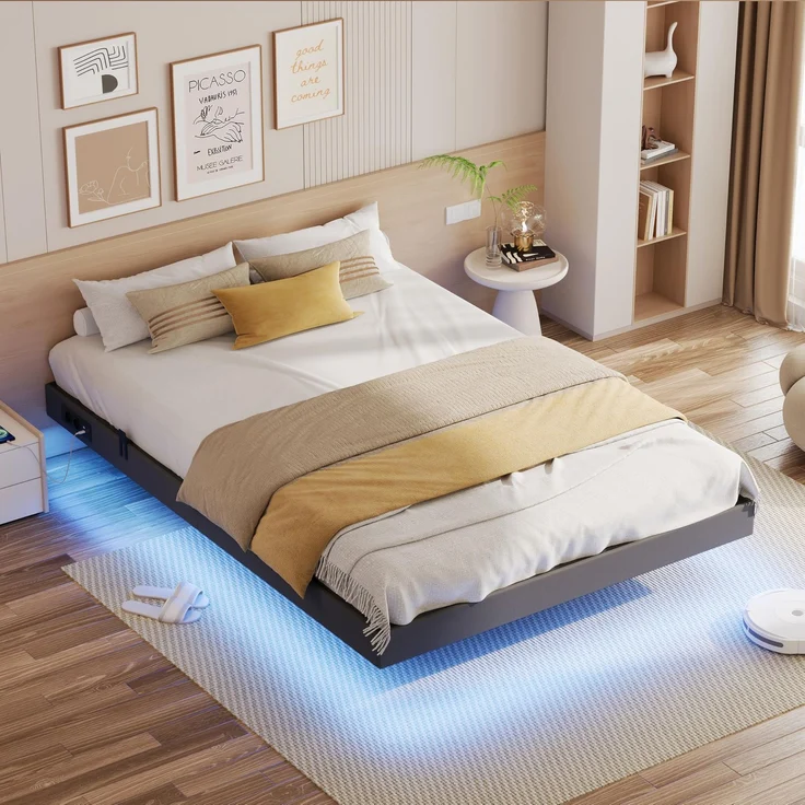 IRONCK Bett 140x200 mit LED Beleuchtung und Ladestation, Bettgestell 140x200 cm mit weicher Polsterung, Floating Bed Frame, Bettrahmen 140x200 cm, Jugendbett, Metallbett mit Lattenrost Doppelbett, Grau