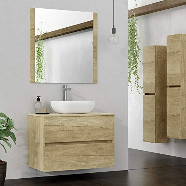 Baikal Onyx Badezimmerschrank, 2 Schubladen, Wandmontage, mit Keramikwaschbecken, montiert, Melamin 16, Möbel F46 + Top + Waschbecken + Spiegel 70 cm Natur – Bild 3