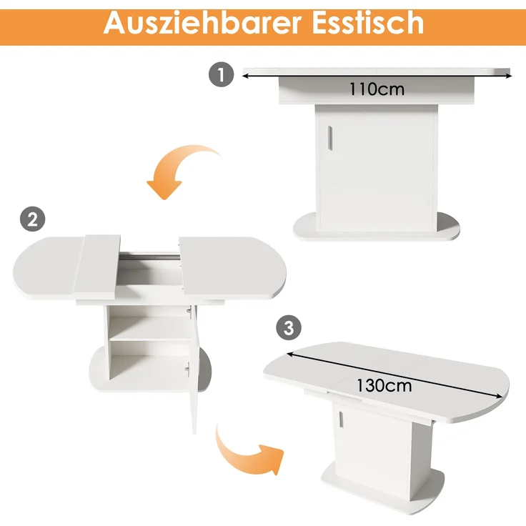 Ausziehbarer Esstisch mit Stauraum und silbernem Griff, 110/130x70x75 cm, Weiß – Bild 5